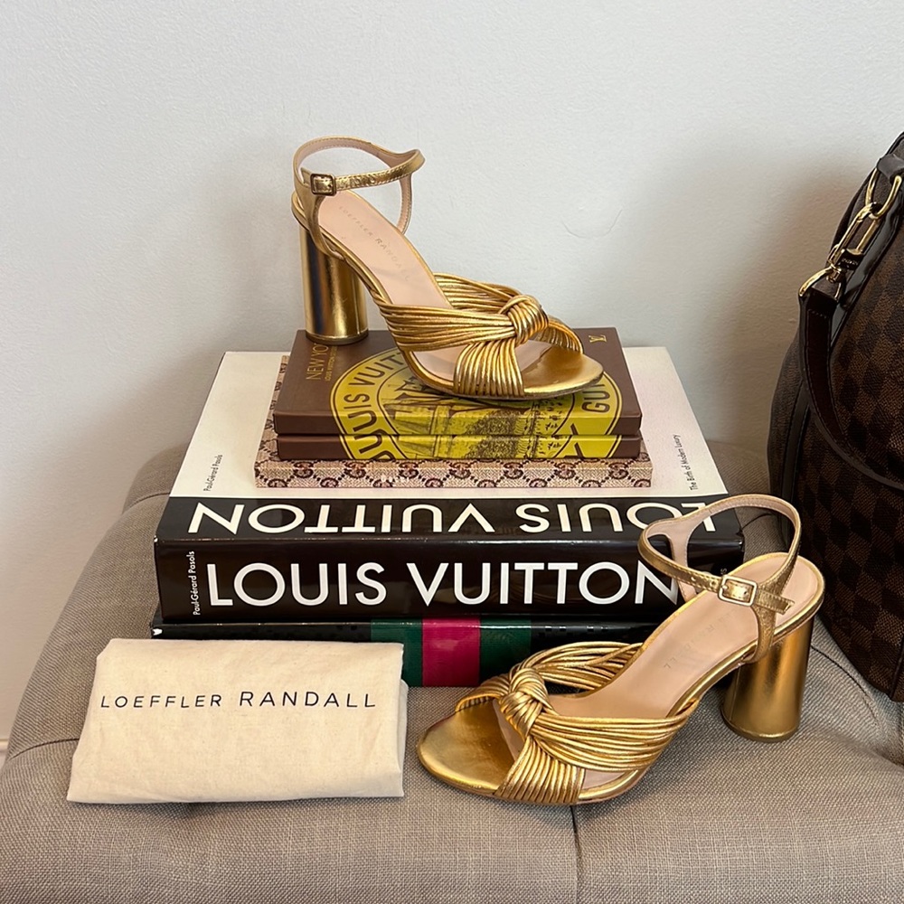 Loeffler Randall Cece Knotted Block Heel Sandals Size 6.5 Gold Shoes